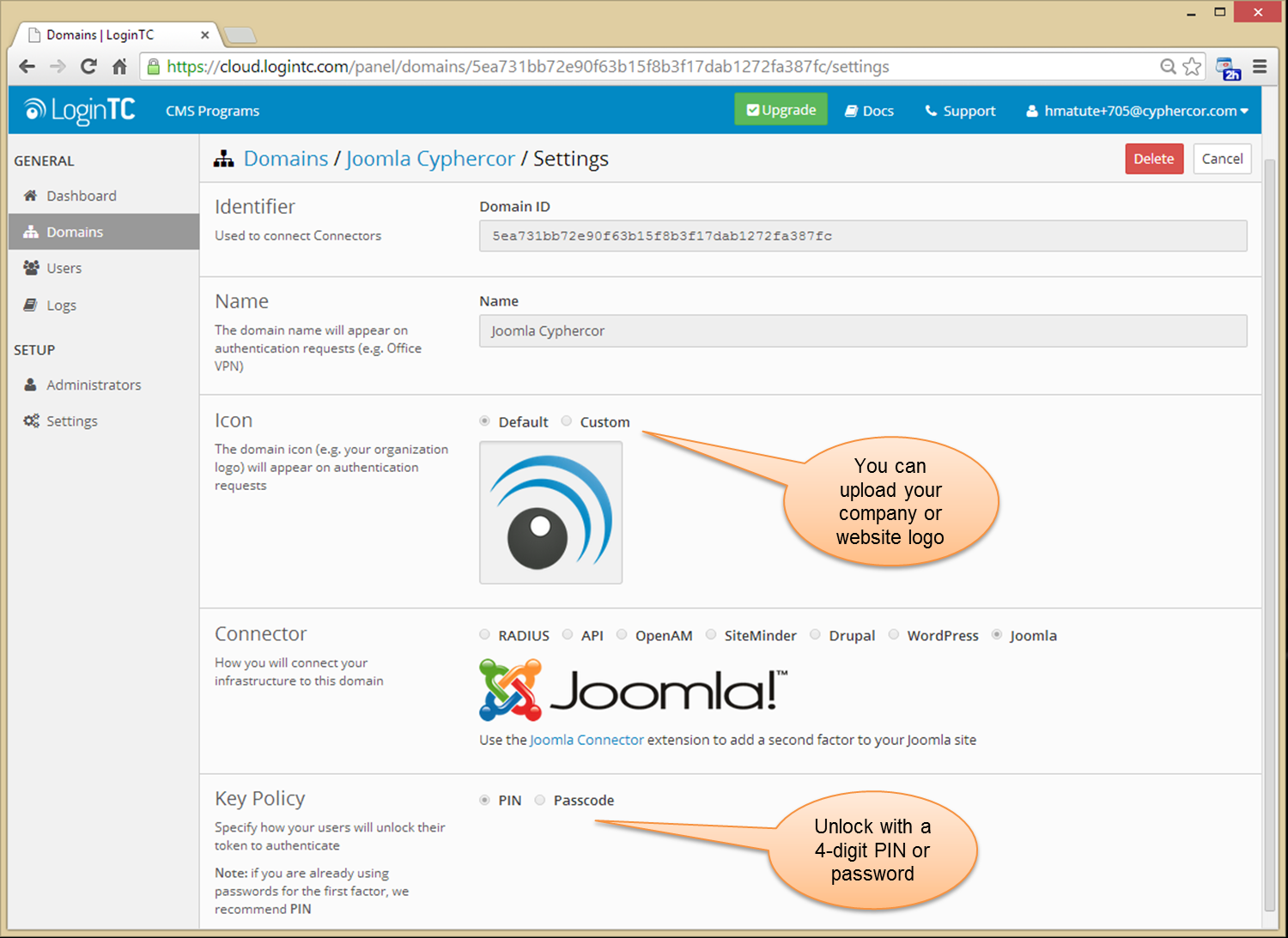 Joomla Connector Configured in LoginTC Admin