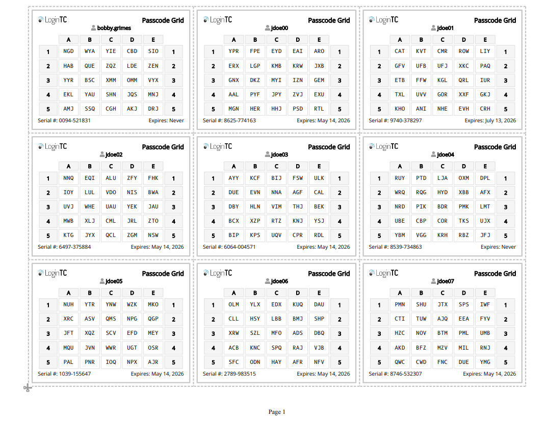 bulk printed passcode grids