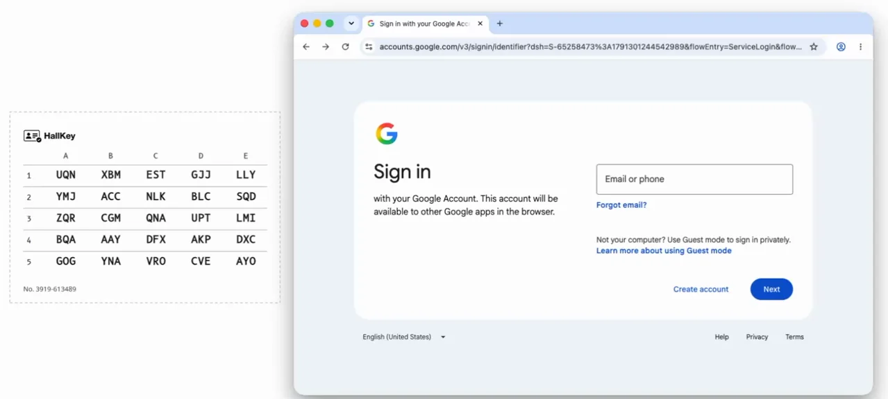 Google Workspace sign-in page next to a printed HallKey passcode grid card