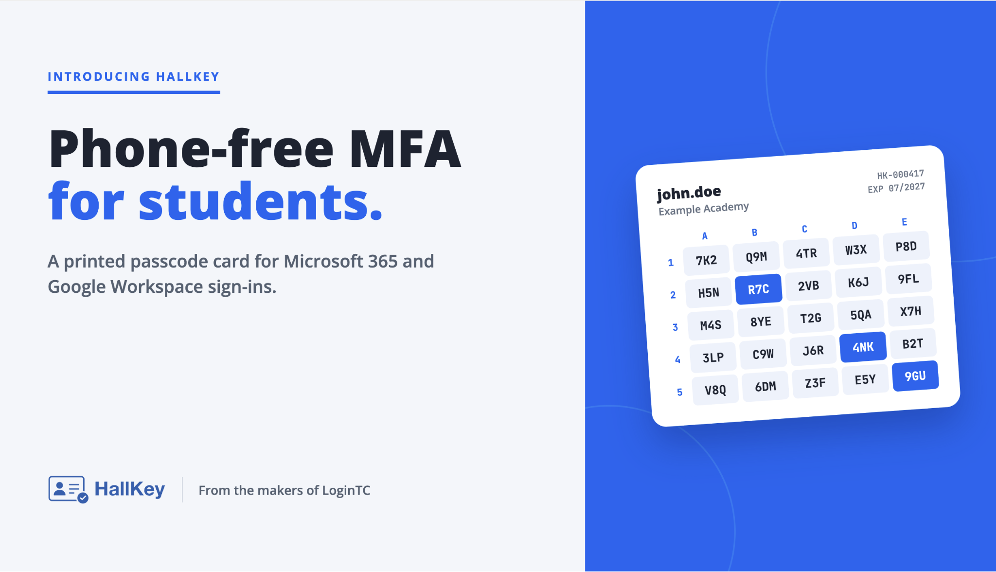 Introducing HallKey: phone-free MFA for students, a printed passcode card for Microsoft 365 and Google Workspace sign-ins