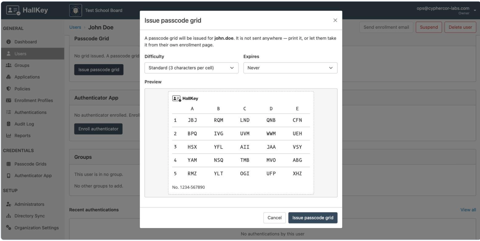 Issuing a passcode grid to a student in the HallKey admin console, with a preview of the grid