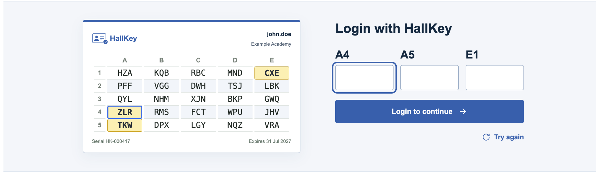 HallKey login prompt asking for grid positions A4, A5 and E1, with the matching cells highlighted on the student's passcode grid card