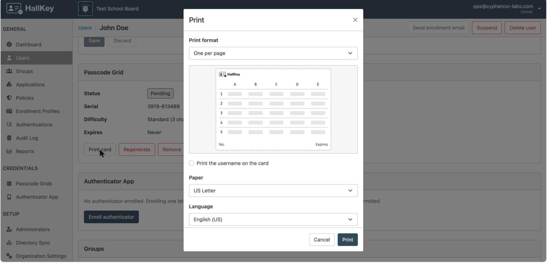 Printing a HallKey passcode grid card, with options for print format, paper size and language
