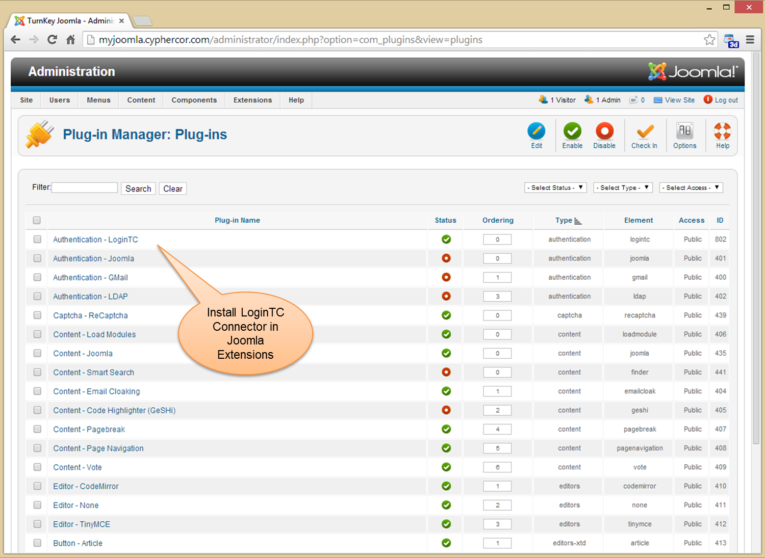 Upload and install the LoginTC Joomla Connector in Joomla Extensions