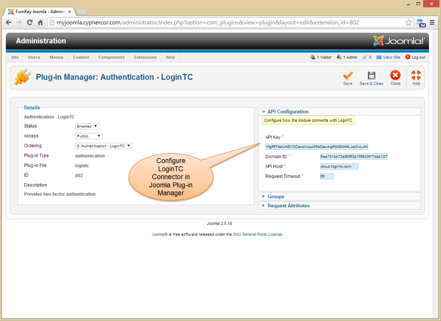 Configure the LoginTC Plug-in in Joomla to Integrate with LoginTC Services