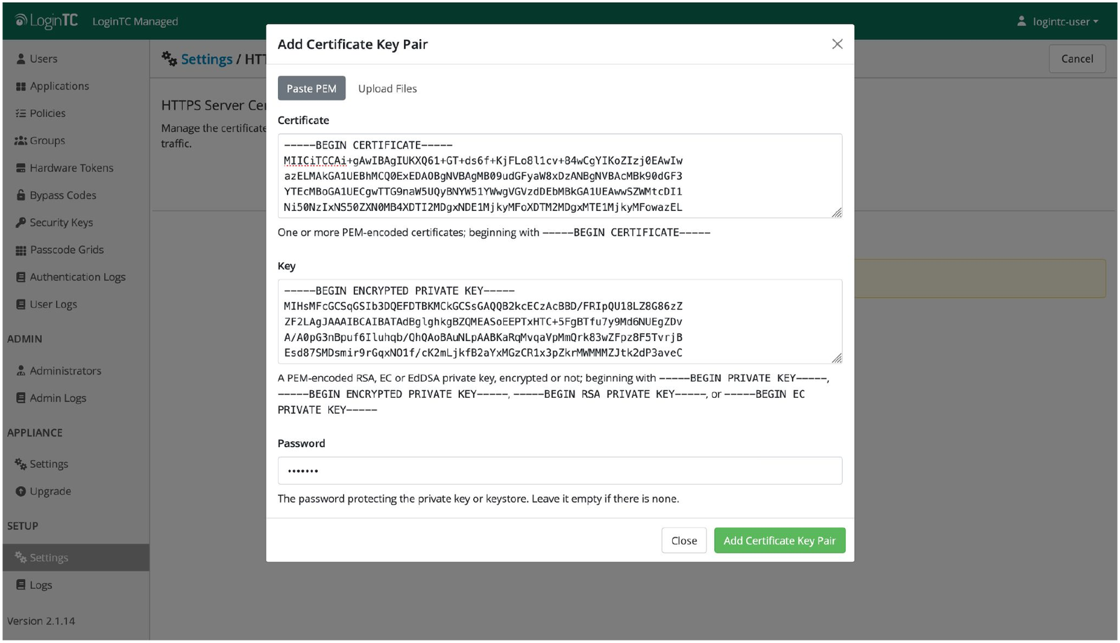 LoginTC Add Certificate Key Pair dialog with a PEM certificate, an encrypted private key and a password entered