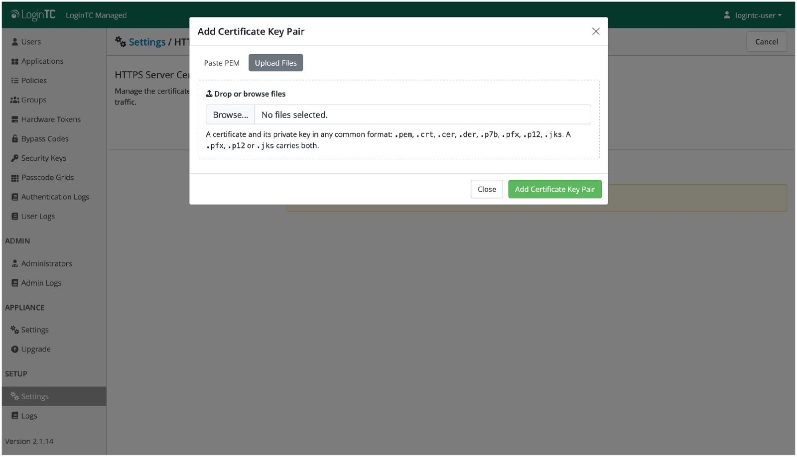 LoginTC Add Certificate Key Pair dialog showing the Upload Files tab and the list of accepted file extensions