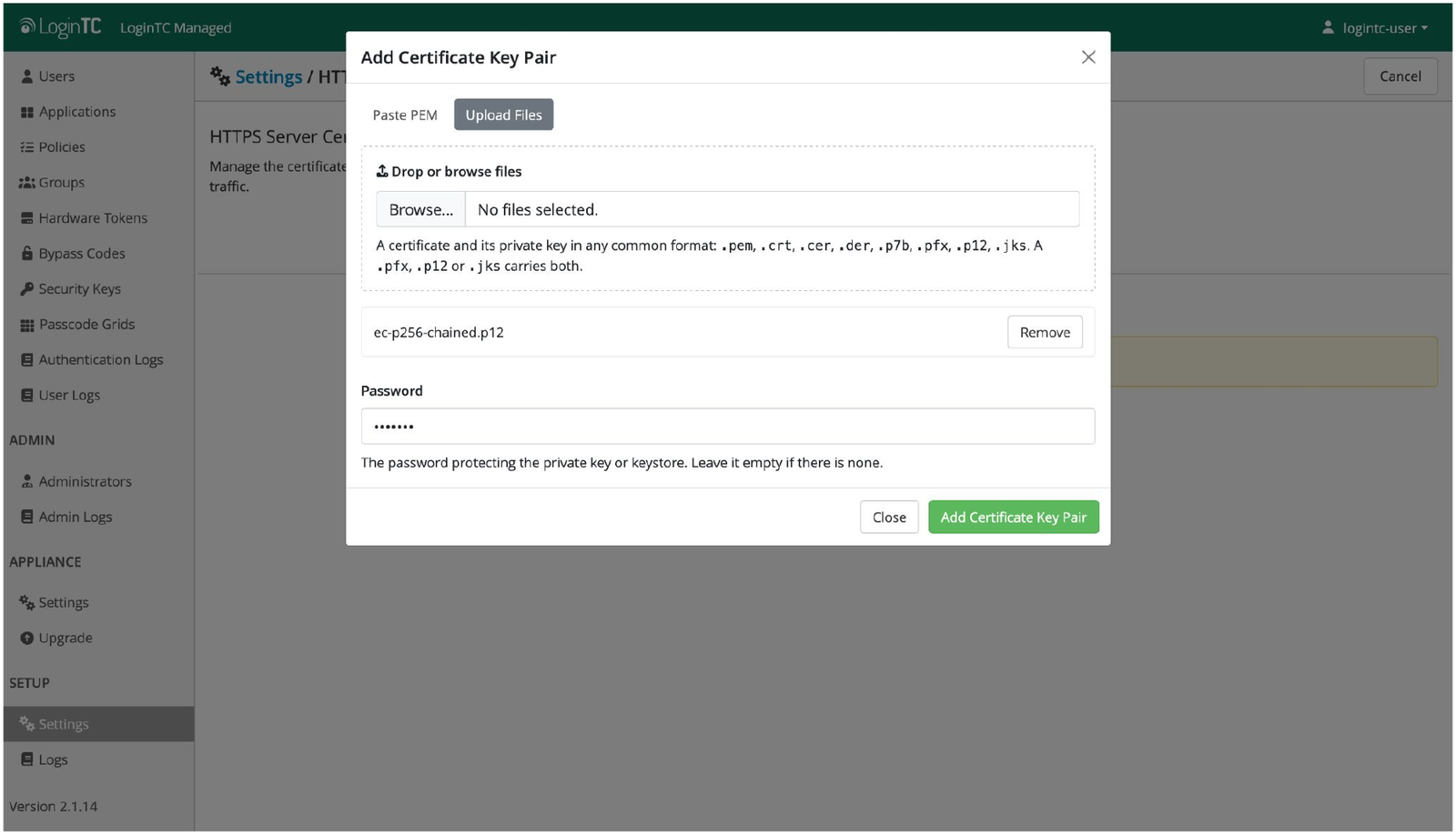 LoginTC Add Certificate Key Pair dialog with a PKCS 12 file selected and its keystore password entered