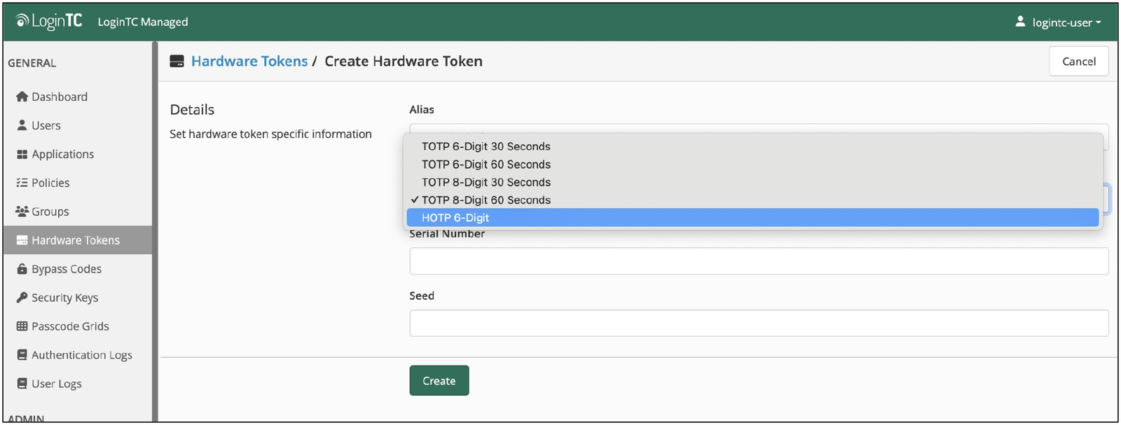 LoginTC Admin Panel Create Hardware Token page with the type dropdown open showing the new HOTP 6-Digit option