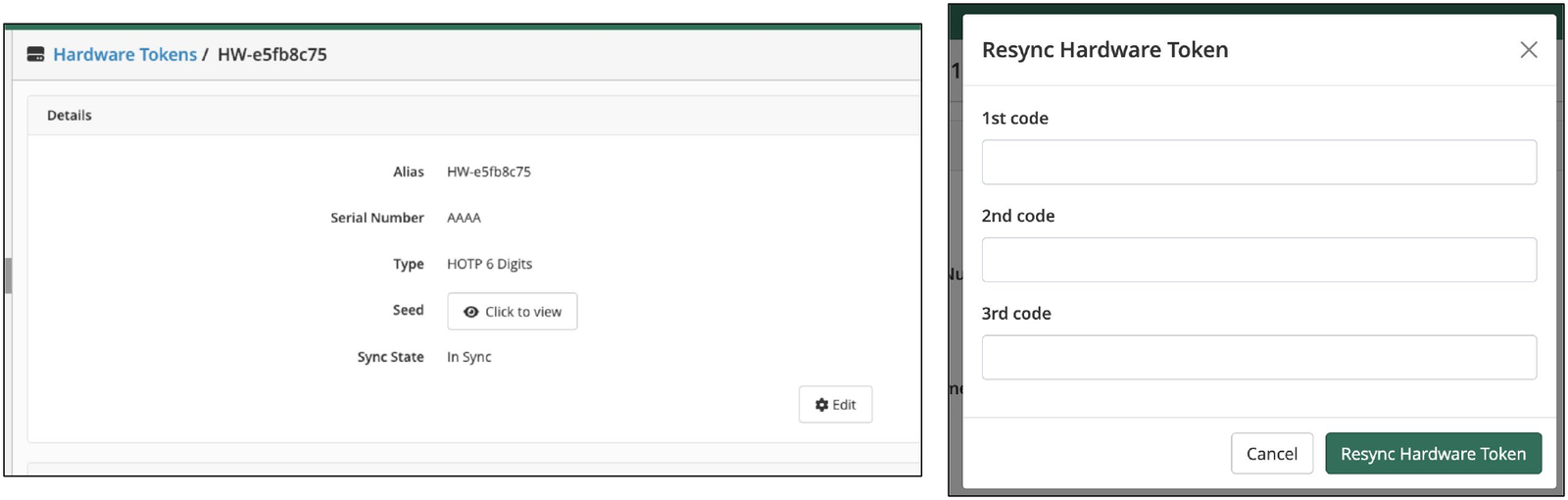 LoginTC hardware token detail page showing type HOTP 6 Digits and sync state In Sync, beside the Resync Hardware Token dialog asking for three codes