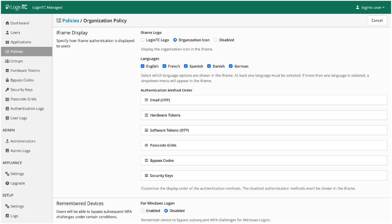LoginTC Organization Policy page showing the Iframe Display language checkboxes for English, French, Spanish, Danish and German