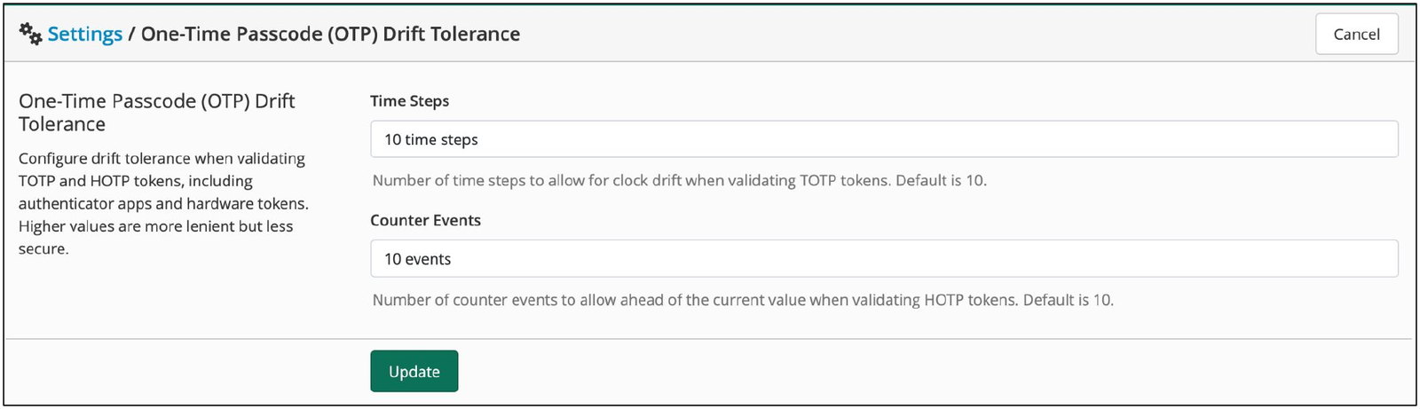 LoginTC Settings page for One-Time Passcode OTP Drift Tolerance showing Time Steps and Counter Events both set to 10