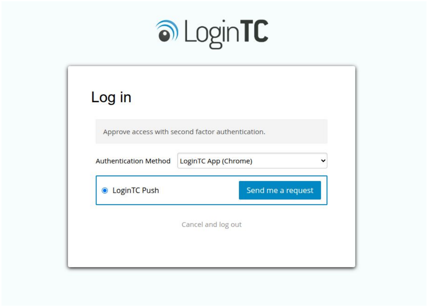 LoginTC Admin Panel login screen rendered in the LoginTC iframe with an authentication method dropdown and a Send me a request button
