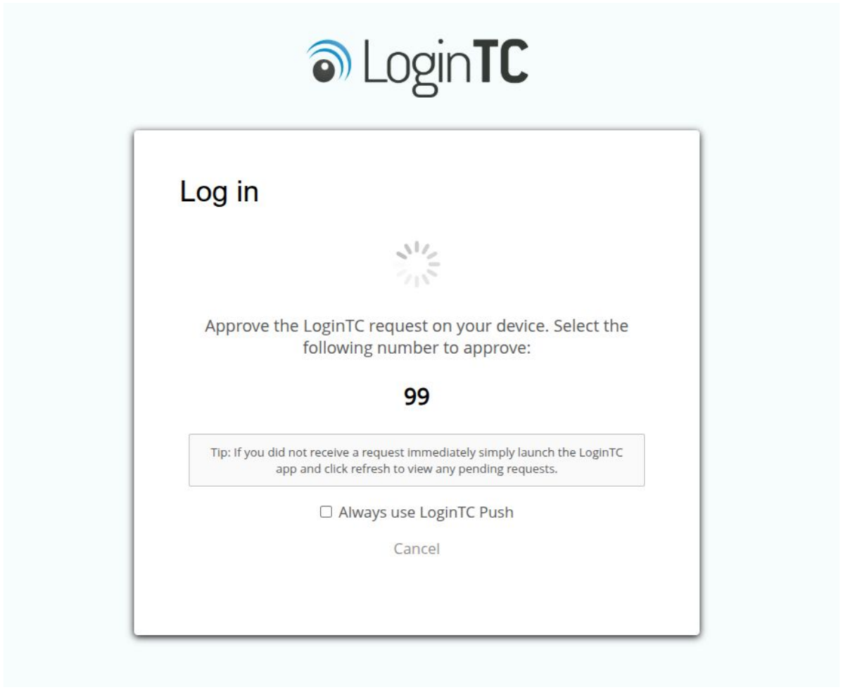 LoginTC Admin Panel sign-in waiting for approval and displaying the number 99 for the administrator to match in the LoginTC app