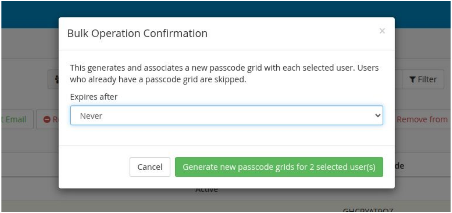 LoginTC bulk operation confirmation dialog for generating new passcode grids with an Expires after dropdown set to Never