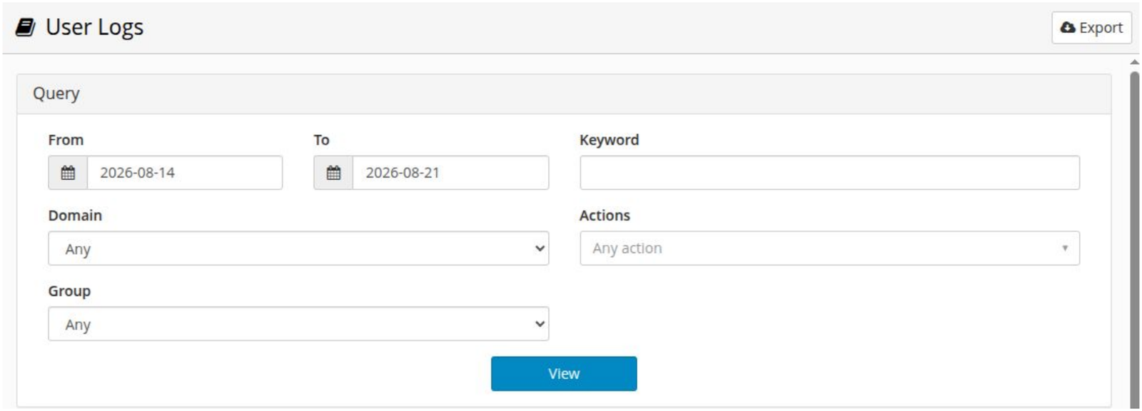 The new LoginTC log filter collapsed to a single Actions field reading Any action