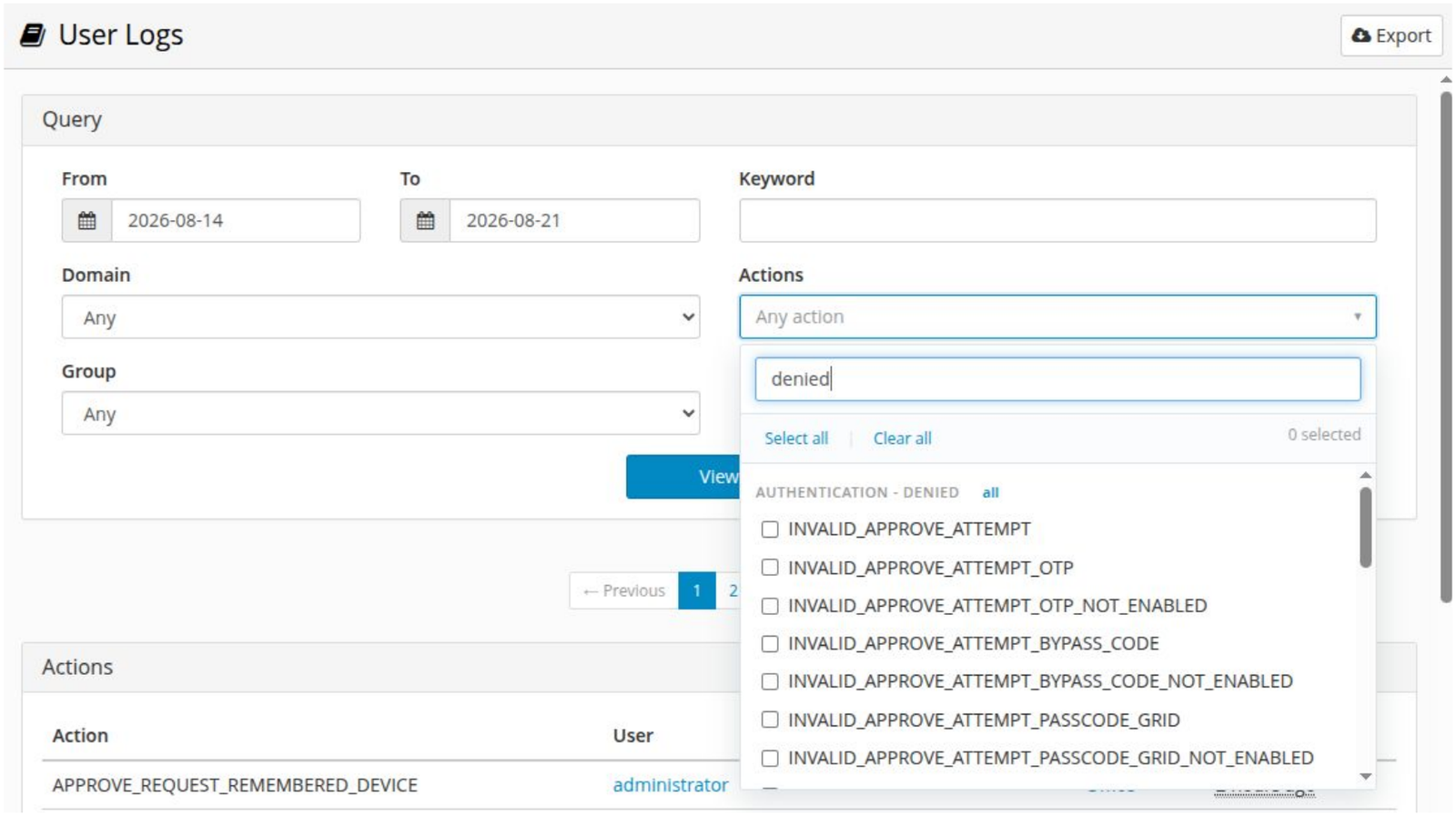 The new LoginTC log filter expanded, showing a search box with the term denied, Select all and Clear all links, and grouped action checkboxes under an Authentication Denied heading