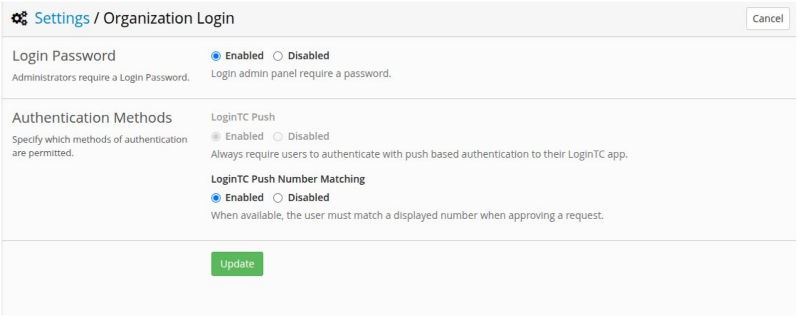 LoginTC Settings Organization Login page with Login Password enabled and LoginTC Push Number Matching enabled