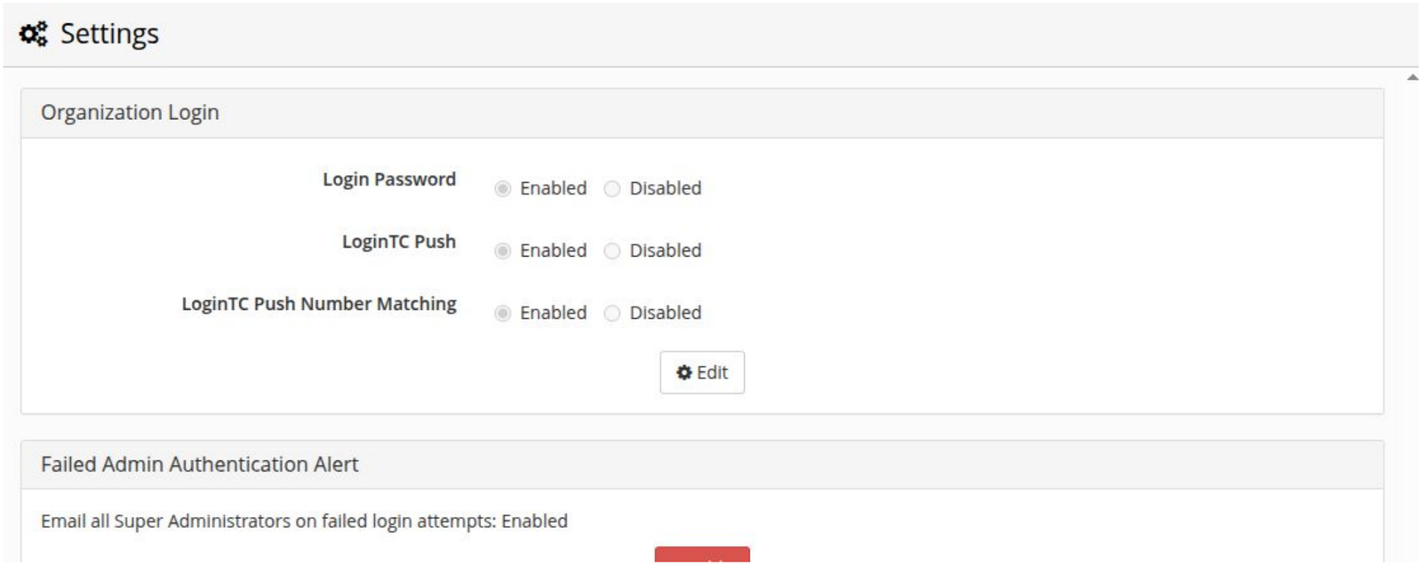 LoginTC Settings page showing the new Organization Login section with Login Password, LoginTC Push and LoginTC Push Number Matching