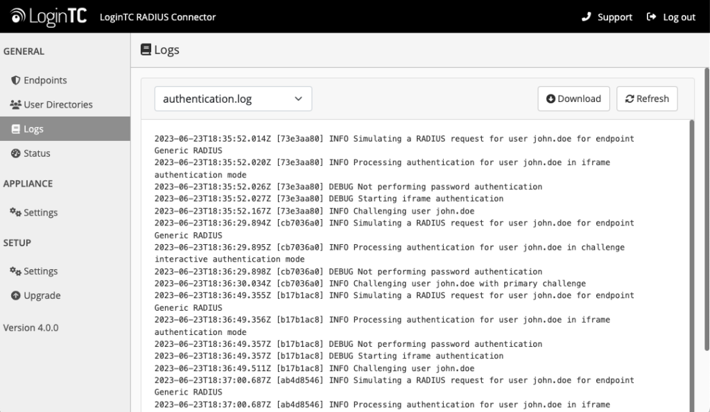 radius connector logs access