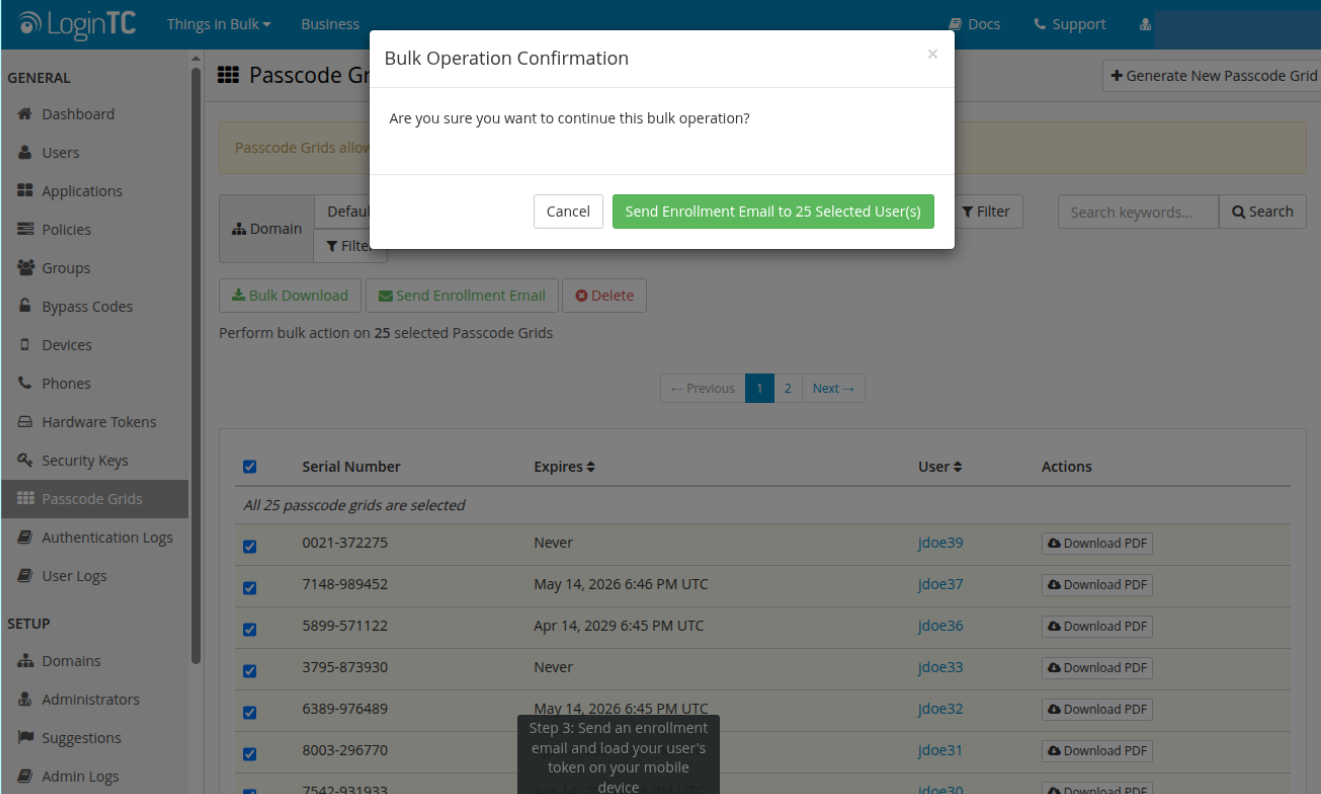 passcode grid bulk enrollment email